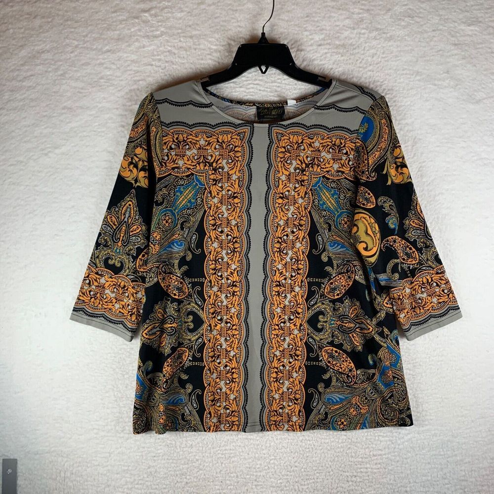 Bob Mackie Wearable Art Women 3/4 Sleeve Pullover Tunic Blouse Top Multi Artsy L